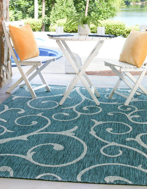Teal 9' x 12' Outdoor Botanical Rectangle Area Rug Weather Resistant for Patio, Deck, Terrace, Balcony, Porch Polypropylene Garden Floral Tropical Carpet for Sale at Rug Engine