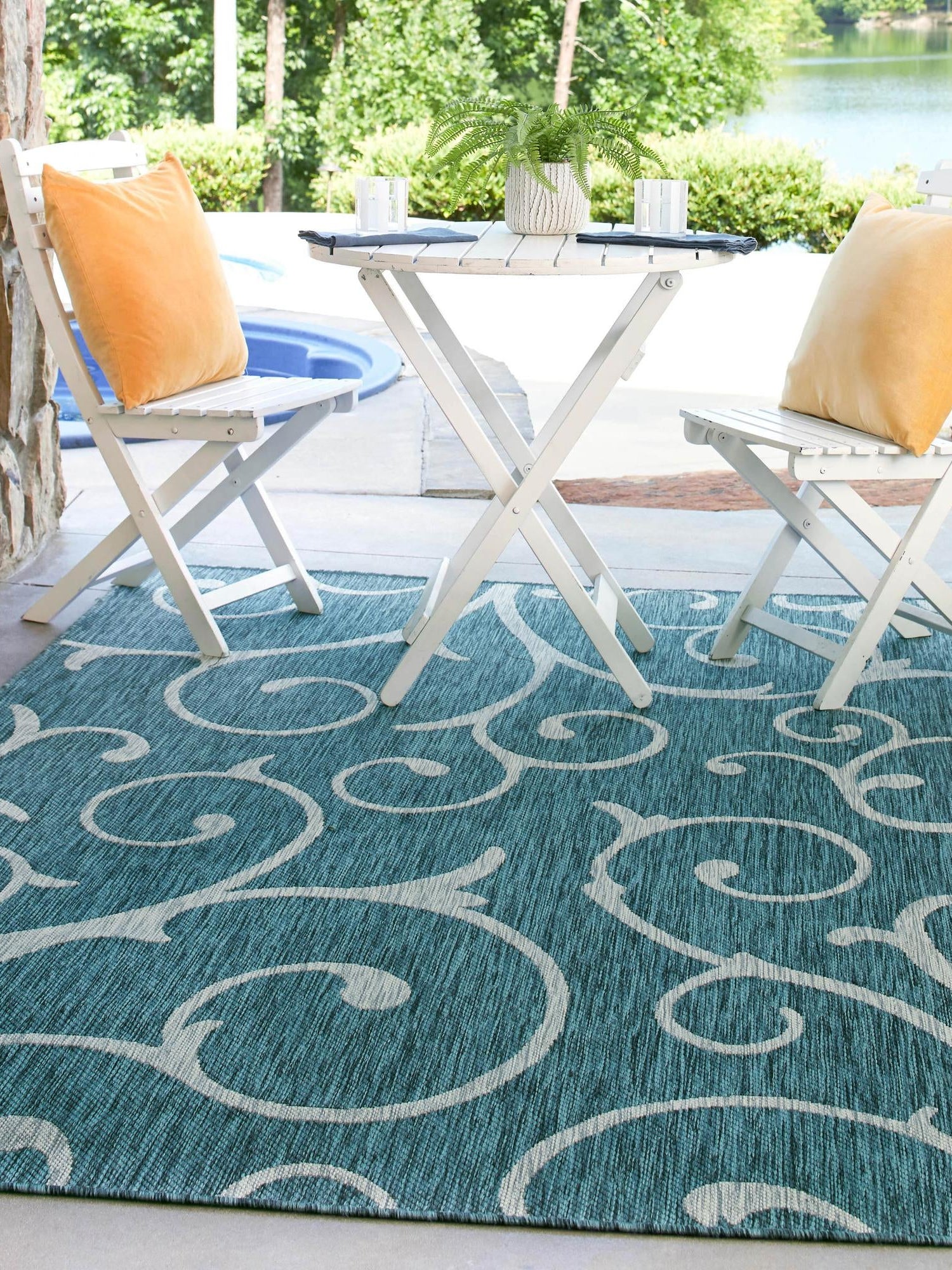 Teal 5' 3 x 8' Outdoor Botanical Rectangle Area Rug Weather Resistant for Patio, Deck, Terrace, Balcony, Porch Polypropylene Garden Floral Tropical Carpet for Sale at Rug Engine