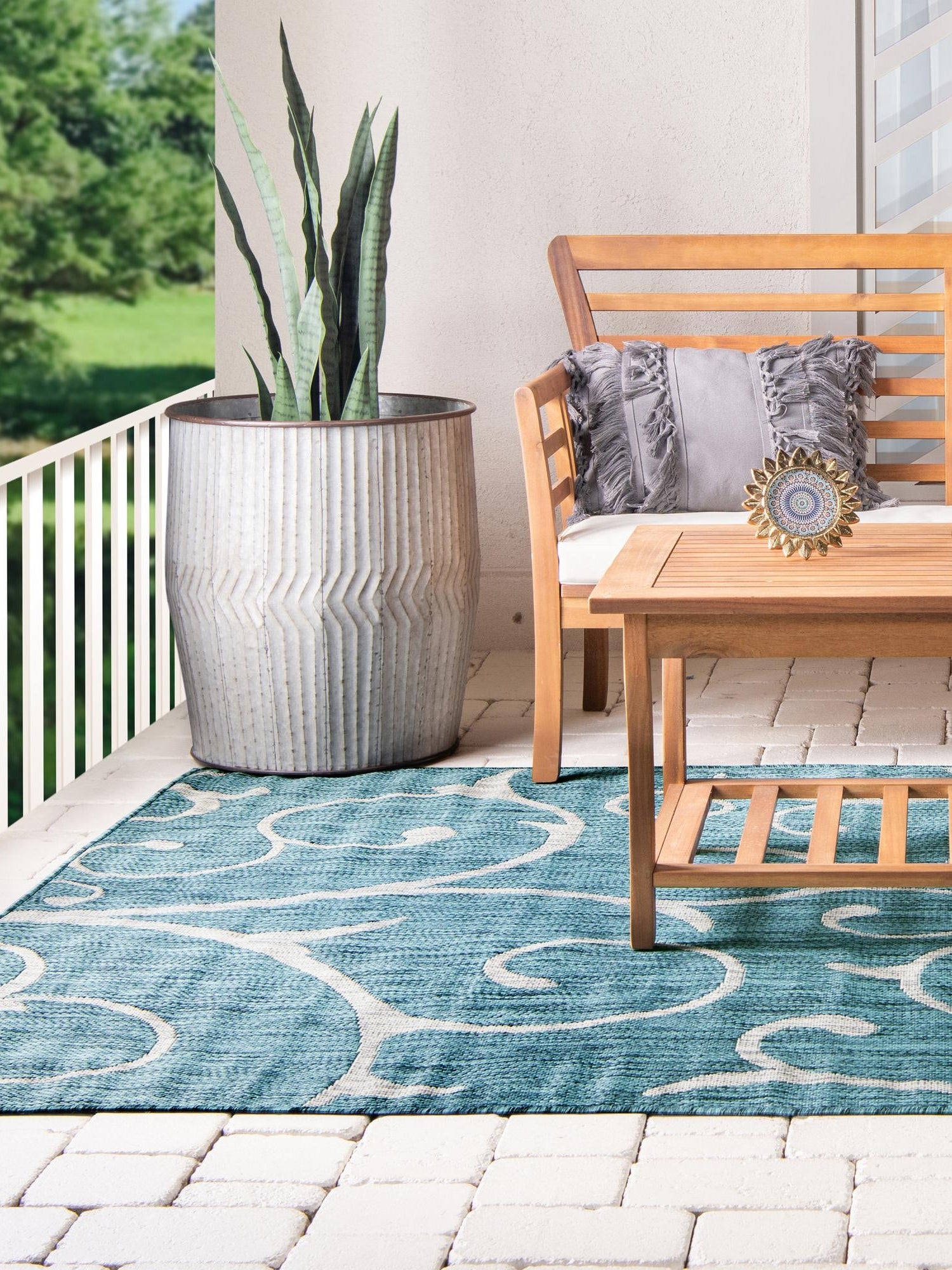 Teal 7' 1 x 10' Outdoor Botanical Rectangle Area Rug Weather Resistant for Patio, Deck, Terrace, Balcony, Porch Polypropylene Garden Floral Tropical Carpet for Sale at Rug Engine