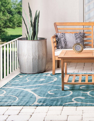 Teal 7' 1 x 10' Outdoor Botanical Rectangle Area Rug Weather Resistant for Patio, Deck, Terrace, Balcony, Porch Polypropylene Garden Floral Tropical Carpet for Sale at Rug Engine