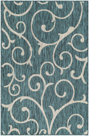 Teal 4' 1 x 6' 1 Outdoor Botanical Rectangle Area Rug Weather Resistant for Patio, Deck, Terrace, Balcony, Porch