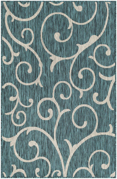 Teal 4' 1 x 6' 1 Outdoor Botanical Rectangle Area Rug Weather Resistant for Patio, Deck, Terrace, Balcony, Porch