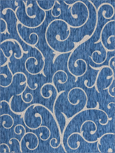 Blue 9' x 12' Outdoor Botanical Rectangle Area Rug Weather Resistant for Patio, Deck, Terrace, Balcony, Porch