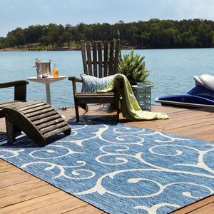 Blue 7' 10 x 11' Outdoor Botanical Rectangle Area Rug Weather Resistant for Patio, Deck, Terrace, Balcony, Porch Polypropylene Garden Floral Tropical Carpet for Sale at Rug Engine