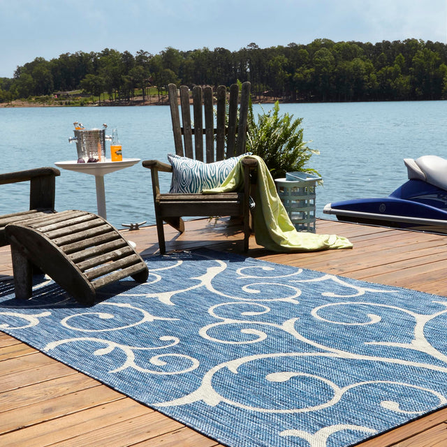 Blue 7' 10 x 11' Outdoor Botanical Rectangle Area Rug Weather Resistant for Patio, Deck, Terrace, Balcony, Porch Polypropylene Garden Floral Tropical Carpet for Sale at Rug Engine