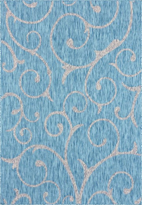 Light Aqua 7' 1 x 10' Outdoor Botanical Rectangle Area Rug Weather Resistant for Patio, Deck, Terrace, Balcony, Porch