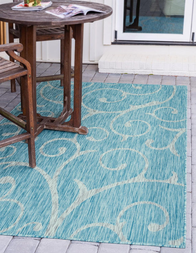 Light Aqua 7' 10 x 11' Outdoor Botanical Rectangle Area Rug Weather Resistant for Patio, Deck, Terrace, Balcony, Porch Polypropylene Garden Floral Tropical Carpet for Sale at Rug Engine