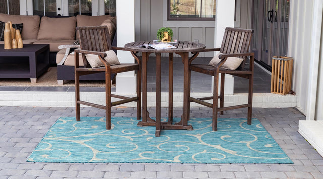 Light Aqua 4' 1 x 6' 1 Outdoor Botanical Rectangle Area Rug Weather Resistant for Patio, Deck, Terrace, Balcony, Porch Polypropylene Garden Floral Tropical Carpet for Sale at Rug Engine
