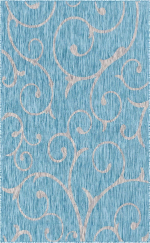 Light Aqua 5' 3 x 8' Outdoor Botanical Rectangle Area Rug Weather Resistant for Patio, Deck, Terrace, Balcony, Porch Polypropylene Garden Floral Tropical Carpet for Sale at Rug Engine
