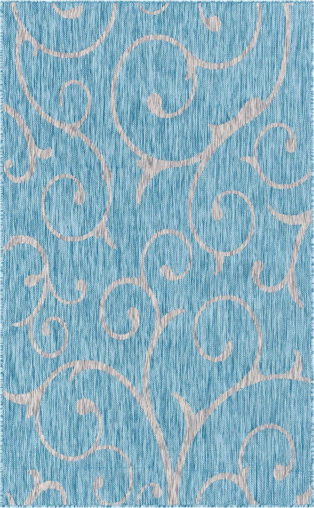 Light Aqua 5' 3 x 8' Outdoor Botanical Rectangle Area Rug Weather Resistant for Patio, Deck, Terrace, Balcony, Porch Polypropylene Garden Floral Tropical Carpet for Sale at Rug Engine
