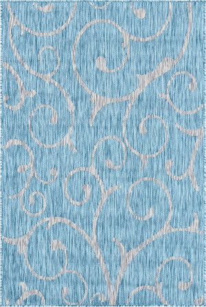 Light Aqua 4' 1 x 6' 1 Outdoor Botanical Rectangle Area Rug Weather Resistant for Patio, Deck, Terrace, Balcony, Porch Polypropylene Garden Floral Tropical Carpet for Sale at Rug Engine
