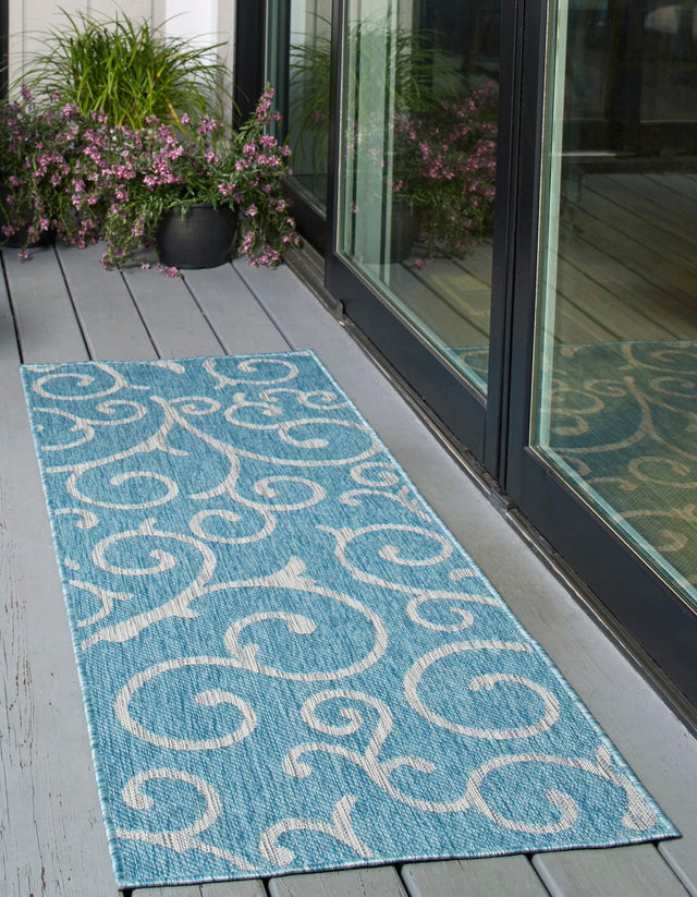 Light Aqua 2' x 6' 1 Outdoor Botanical Runner Area Rug Weather Resistant for Patio, Deck, Terrace, Balcony, Porch Polypropylene Garden Floral Tropical Carpet for Sale at Rug Engine