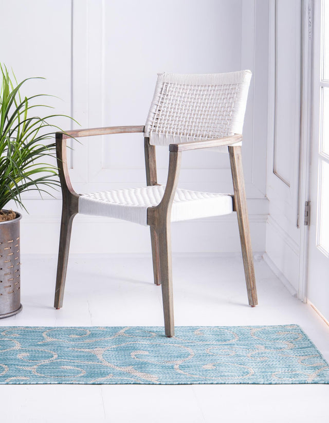 Light Aqua 2' x 6' 1 Outdoor Botanical Runner Area Rug Weather Resistant for Patio, Deck, Terrace, Balcony, Porch Polypropylene Garden Floral Tropical Carpet for Sale at Rug Engine