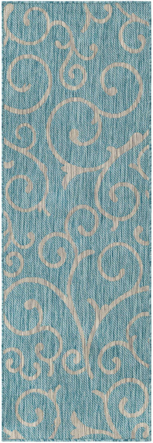 Light Aqua 2' x 6' 1 Outdoor Botanical Runner Area Rug Weather Resistant for Patio, Deck, Terrace, Balcony, Porch Polypropylene Garden Floral Tropical Carpet for Sale at Rug Engine