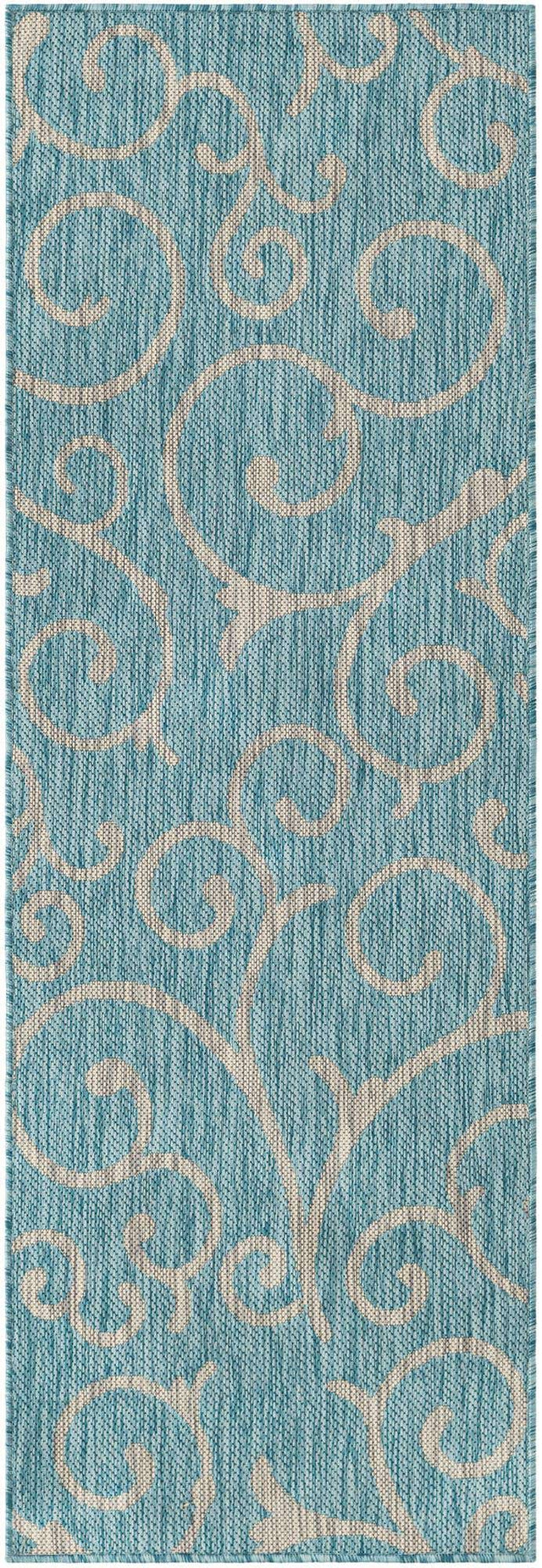 Light Aqua 2' x 6' 1 Outdoor Botanical Runner Area Rug Weather Resistant for Patio, Deck, Terrace, Balcony, Porch Polypropylene Garden Floral Tropical Carpet for Sale at Rug Engine