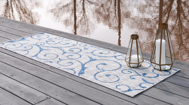 Gray 2' x 6' 1 Outdoor Botanical Runner Area Rug Weather Resistant for Patio, Deck, Terrace, Balcony, Porch Polypropylene Garden Floral Tropical Carpet for Sale at Rug Engine
