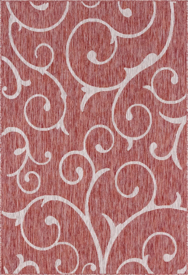 Rust Red 6' 1 x 9' Outdoor Botanical Rectangle Area Rug Weather Resistant for Patio, Deck, Terrace, Balcony, Porch Polypropylene Garden Floral Tropical Carpet for Sale at Rug Engine