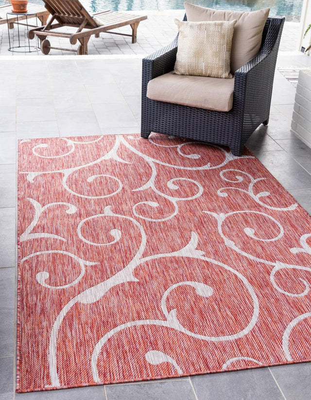 Rust Red 7' 10 x 11' Outdoor Botanical Rectangle Area Rug Weather Resistant for Patio, Deck, Terrace, Balcony, Porch Polypropylene Garden Floral Tropical Carpet for Sale at Rug Engine