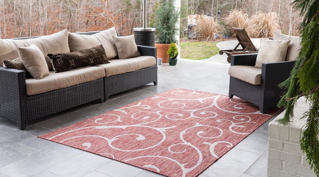 Rust Red 6' 1 x 9' Outdoor Botanical Rectangle Area Rug Weather Resistant for Patio, Deck, Terrace, Balcony, Porch Polypropylene Garden Floral Tropical Carpet for Sale at Rug Engine