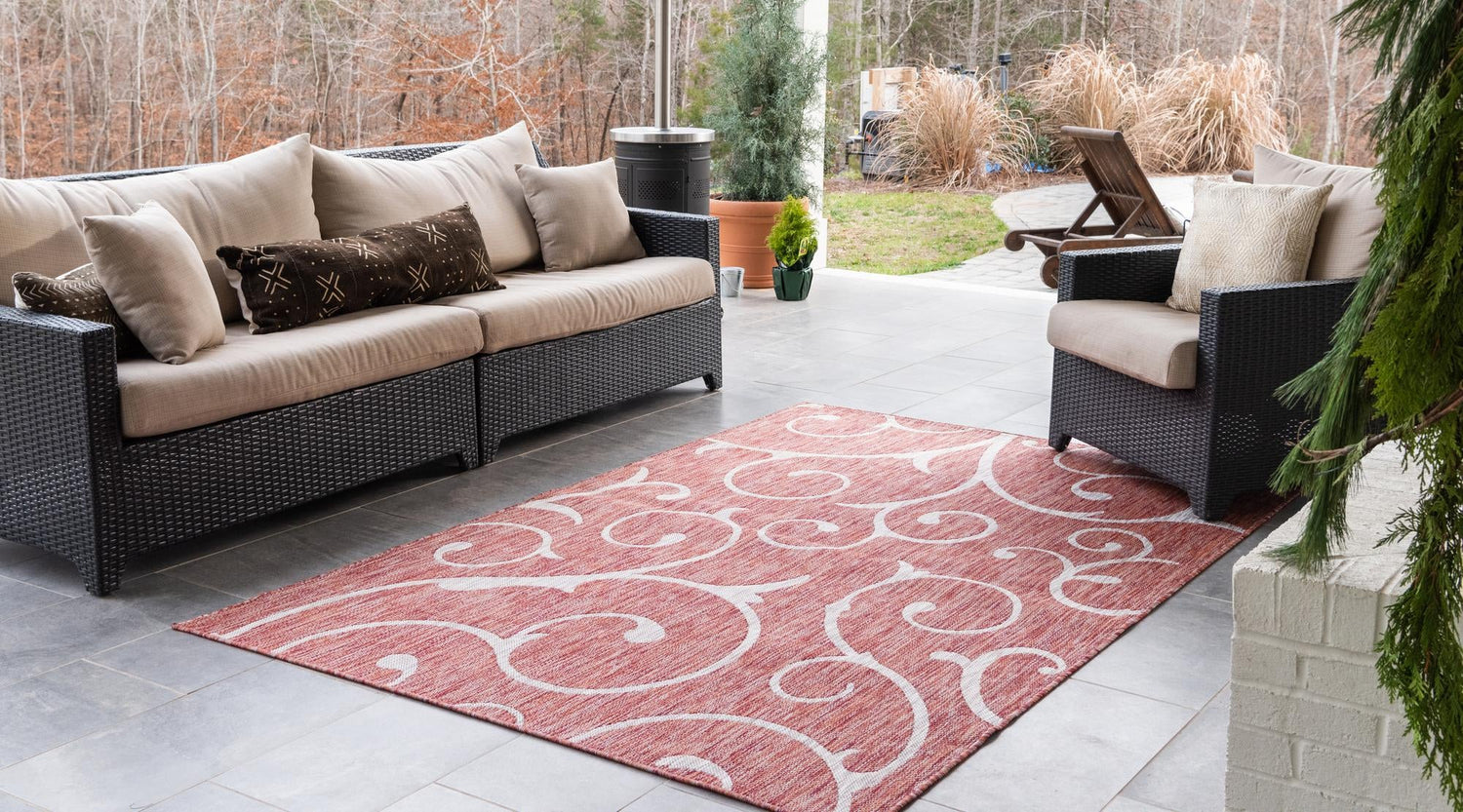 Rust Red 9' x 12' Outdoor Botanical Rectangle Area Rug Weather Resistant for Patio, Deck, Terrace, Balcony, Porch Polypropylene Garden Floral Tropical Carpet for Sale at Rug Engine