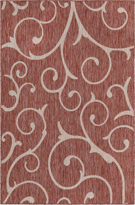 Rust Red 5' 3 x 8' Outdoor Botanical Rectangle Area Rug Weather Resistant for Patio, Deck, Terrace, Balcony, Porch