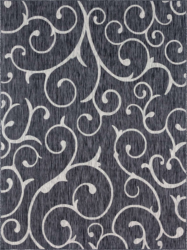 Charcoal Gray 9' x 12' Outdoor Botanical Rectangle Area Rug Weather Resistant for Patio, Deck, Terrace, Balcony, Porch Polypropylene Garden Floral Tropical Carpet for Sale at Rug Engine