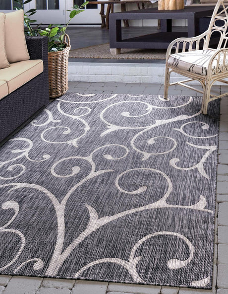 Charcoal Gray 7' 1 x 10' Outdoor Botanical Rectangle Area Rug Weather Resistant for Patio, Deck, Terrace, Balcony, Porch
