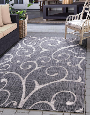 Charcoal Gray 5' 3 x 8' Outdoor Botanical Rectangle Area Rug Weather Resistant for Patio, Deck, Terrace, Balcony, Porch Polypropylene Garden Floral Tropical Carpet for Sale at Rug Engine