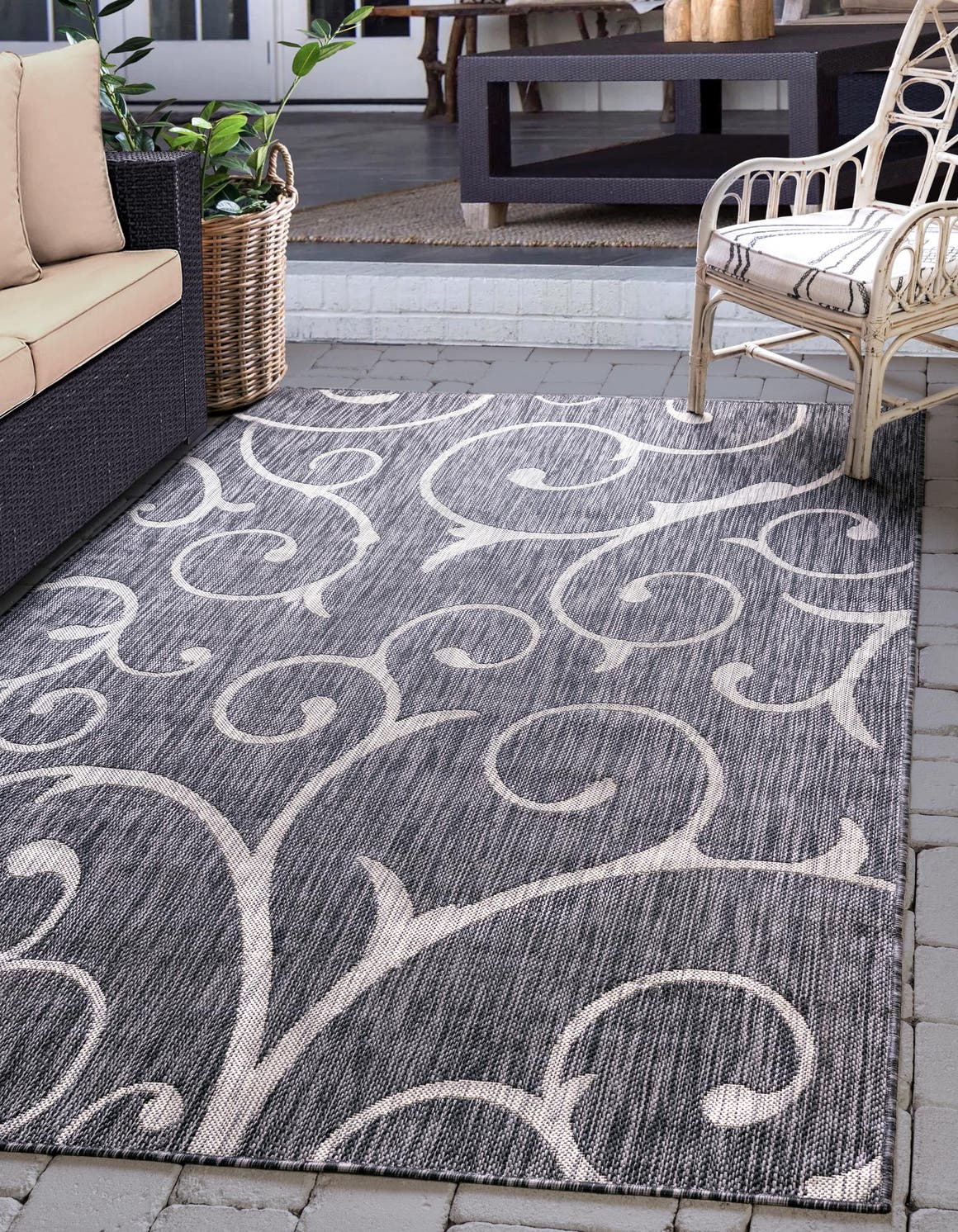 Charcoal Gray 6' 1 x 9' Outdoor Botanical Rectangle Area Rug Weather Resistant for Patio, Deck, Terrace, Balcony, Porch Polypropylene Garden Floral Tropical Carpet for Sale at Rug Engine