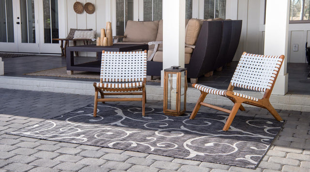 Charcoal Gray 4' 1 x 6' 1 Outdoor Botanical Rectangle Area Rug Weather Resistant for Patio, Deck, Terrace, Balcony, Porch Polypropylene Garden Floral Tropical Carpet for Sale at Rug Engine