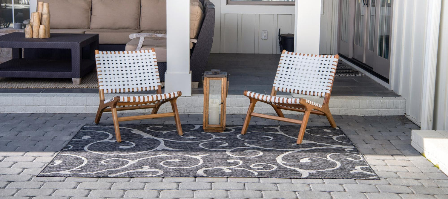 Charcoal Gray 7' 1 x 10' Outdoor Botanical Rectangle Area Rug Weather Resistant for Patio, Deck, Terrace, Balcony, Porch Polypropylene Garden Floral Tropical Carpet for Sale at Rug Engine