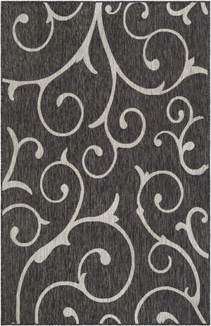 Charcoal Gray 5' 3 x 8' Outdoor Botanical Rectangle Area Rug Weather Resistant for Patio, Deck, Terrace, Balcony, Porch Polypropylene Garden Floral Tropical Carpet for Sale at Rug Engine