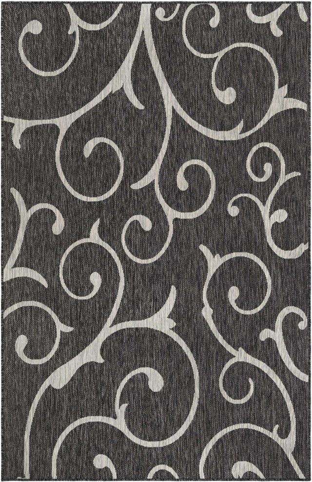 Charcoal Gray 5' 3 x 8' Outdoor Botanical Rectangle Area Rug Weather Resistant for Patio, Deck, Terrace, Balcony, Porch Polypropylene Garden Floral Tropical Carpet for Sale at Rug Engine