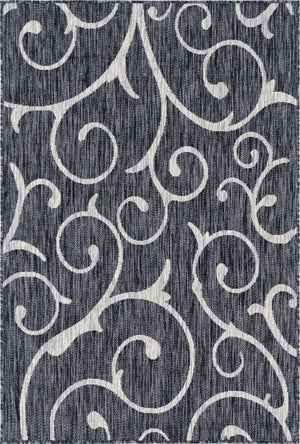 Charcoal Gray 4' 1 x 6' 1 Outdoor Botanical Rectangle Area Rug Weather Resistant for Patio, Deck, Terrace, Balcony, Porch Polypropylene Garden Floral Tropical Carpet for Sale at Rug Engine