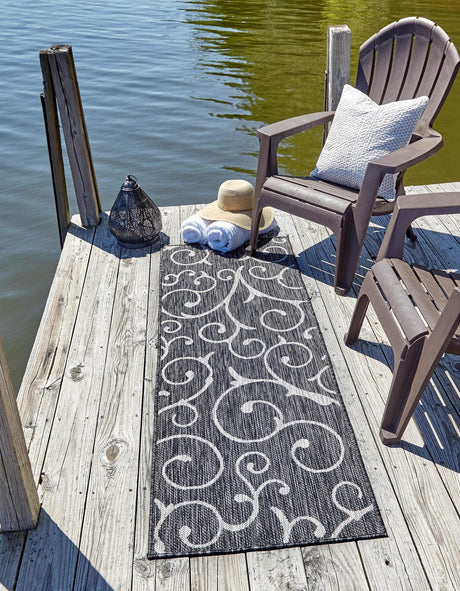Charcoal Gray 2' x 6' 1 Outdoor Botanical Runner Area Rug Weather Resistant for Patio, Deck, Terrace, Balcony, Porch