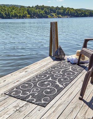 Charcoal Gray 2' x 6' 1 Outdoor Botanical Runner Area Rug Weather Resistant for Patio, Deck, Terrace, Balcony, Porch