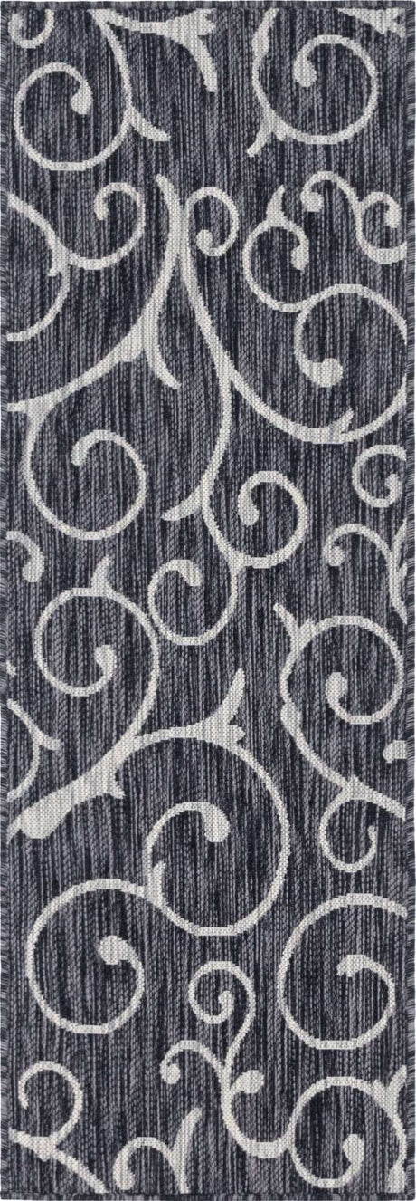 Charcoal Gray 2' x 6' 1 Outdoor Botanical Runner Area Rug Weather Resistant for Patio, Deck, Terrace, Balcony, Porch