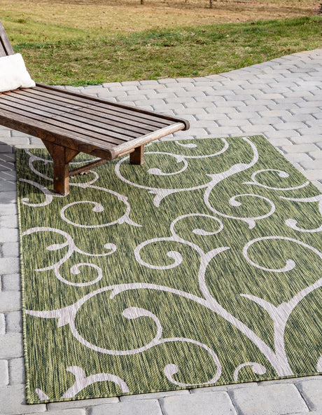 Green 5' 3 x 8' Outdoor Botanical Rectangle Area Rug Weather Resistant for Patio, Deck, Terrace, Balcony, Porch