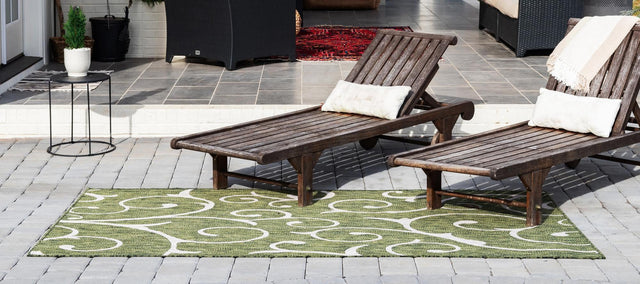 Green 5' 3 x 8' Outdoor Botanical Rectangle Area Rug Weather Resistant for Patio, Deck, Terrace, Balcony, Porch