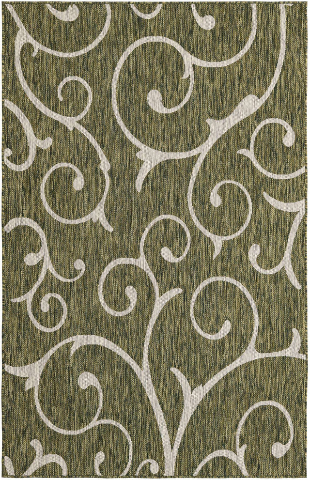 Green 5' 3 x 8' Outdoor Botanical Rectangle Area Rug Weather Resistant for Patio, Deck, Terrace, Balcony, Porch