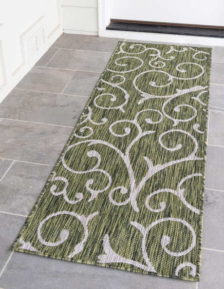 Green 2' x 6' 1 Outdoor Botanical Runner Area Rug Weather Resistant for Patio, Deck, Terrace, Balcony, Porch