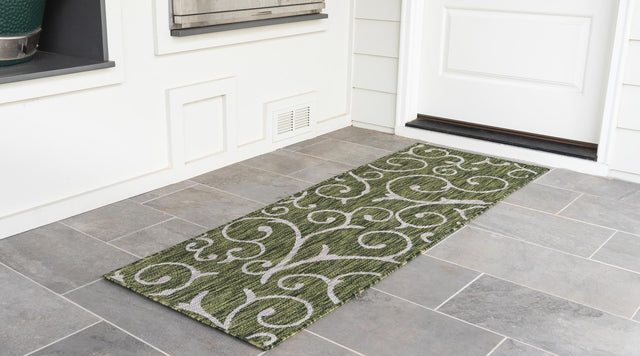 Green 2' x 6' 1 Outdoor Botanical Runner Area Rug Weather Resistant for Patio, Deck, Terrace, Balcony, Porch
