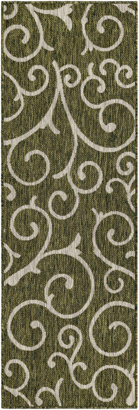 Green 2' x 6' 1 Outdoor Botanical Runner Area Rug Weather Resistant for Patio, Deck, Terrace, Balcony, Porch