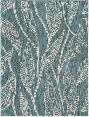 Teal 9' x 12' Outdoor Botanical Rectangle Area Rug Weather Resistant for Patio, Deck, Terrace, Balcony, Porch Polypropylene Garden Floral Tropical Carpet for Sale at Rug Engine