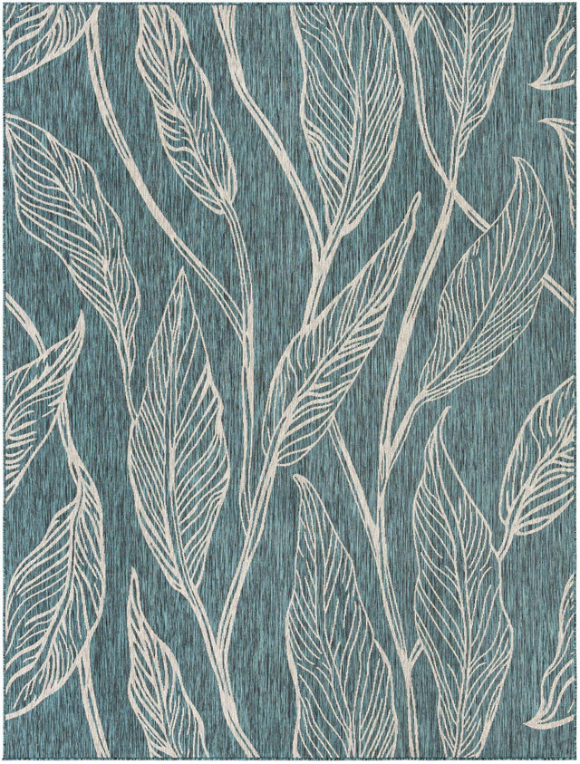Teal 9' x 12' Outdoor Botanical Rectangle Area Rug Weather Resistant for Patio, Deck, Terrace, Balcony, Porch Polypropylene Garden Floral Tropical Carpet for Sale at Rug Engine