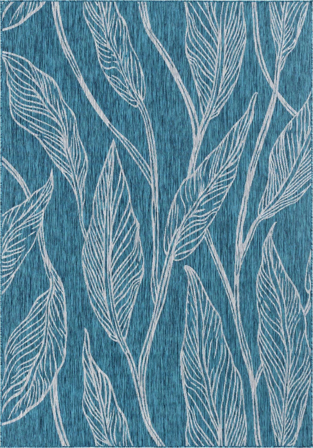 Teal 7' 10 x 11' Outdoor Botanical Rectangle Area Rug Weather Resistant for Patio, Deck, Terrace, Balcony, Porch Polypropylene Garden Floral Tropical Carpet for Sale at Rug Engine