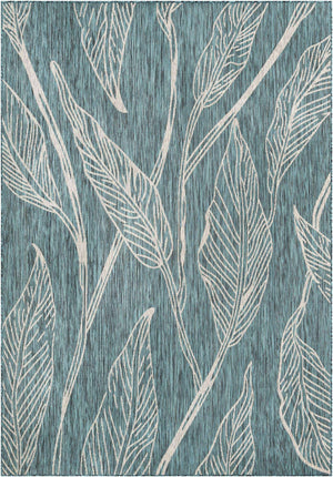 Teal 7' 1 x 10' Outdoor Botanical Rectangle Area Rug Weather Resistant for Patio, Deck, Terrace, Balcony, Porch Polypropylene Garden Floral Tropical Carpet for Sale at Rug Engine