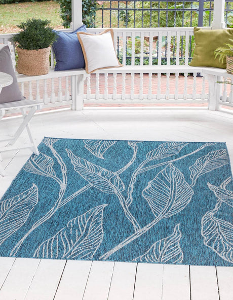 Teal 6' 1 x 9' Outdoor Botanical Rectangle Area Rug Weather Resistant for Patio, Deck, Terrace, Balcony, Porch