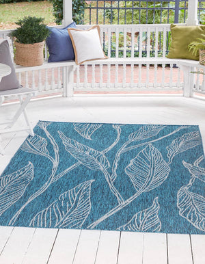 Teal 9' x 12' Outdoor Botanical Rectangle Area Rug Weather Resistant for Patio, Deck, Terrace, Balcony, Porch Polypropylene Garden Floral Tropical Carpet for Sale at Rug Engine