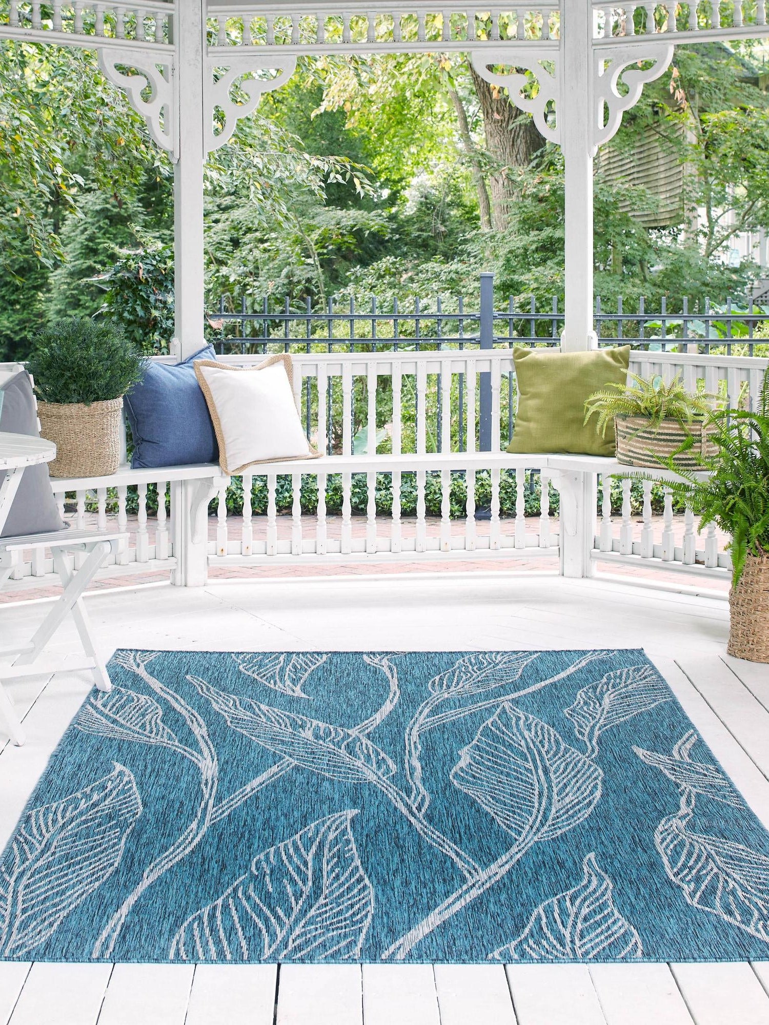 Teal 7' 1 x 10' Outdoor Botanical Rectangle Area Rug Weather Resistant for Patio, Deck, Terrace, Balcony, Porch Polypropylene Garden Floral Tropical Carpet for Sale at Rug Engine